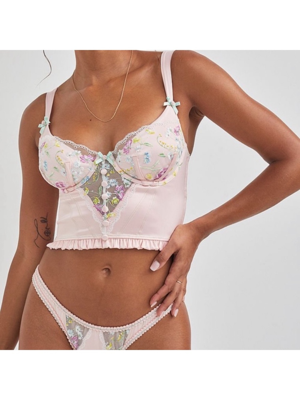For Love and Lemons Delicate Pink Lace Bustier and Thong Set - Picture 2 of 10